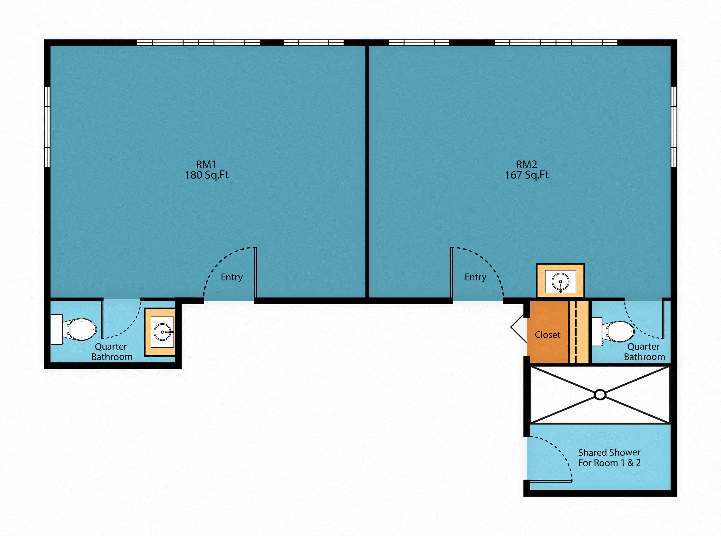 Floor plan for 1 bed, 0.3 baths, 180 sqft